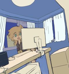  1girl :o black_shirt blue_eyes box brown_hair cardboard_box commentary_request computer computer_keyboard curtains indoors kasukabe_tsumugi kurokoge013 long_hair mole mole_under_eye monitor necktie open_mouth shirt solo upper_body voicevox yellow_necktie 