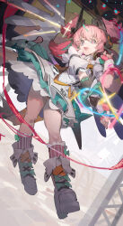  1girl absurdres aqua_hair aria_(human)_(zenless_zone_zero) aria_(zenless_zone_zero) boots bow bridal_gauntlets chinese_commentary commentary_request dress fingerless_gloves gloves green_bow hand_up highres long_hair looking_at_viewer mk364 multicolored_hair open_mouth pink_gloves pink_hair pink_socks short_sleeves smile socks solo streaked_hair symbol-shaped_pupils white_boots white_bridal_gauntlets white_dress white_wings wings zenless_zone_zero 
