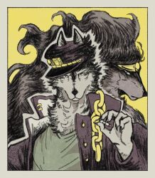  1boy animal_ears black_coat black_hat cigarette claws closed_mouth coat crustedart english_commentary furrification furry furry_male green_shirt hat holding holding_cigarette jojo_no_kimyou_na_bouken kujo_jotaro looking_at_viewer male_focus profile shirt stand_(jojo) star_platinum stardust_crusaders upper_body wolf_boy wolf_ears 