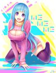  1girl all_fours blue_hair breasts cleavage_cutout long_hair looking_at_viewer me!me!me! meme_(me!me!me!) open-chest_sweater open_mouth smile solo sweater thighhighs turtleneck turtleneck_sweater un_s very_long_hair violet_eyes 