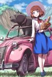  1girl bag blue_eyes brown_hair car castle_of_cagliostro clarisse_de_cagliostro dog grocery_bag hat highres isedaichi_ken long_hair lupin_iii motor_vehicle shopping_bag sun_hat vehicle 