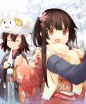  2girls :3 animal_ears brown_eyes brown_hair bunny_hair_ornament closed_eyes eating efe floral_print flower food hair_flower hair_ornament houraisan_kaguya inaba_tewi japanese_clothes kimono long_sleeves mochi multiple_girls new_year open_mouth rabbit_ears sash scarf scarf_tying sheep_hat smile touhou wagashi wide_sleeves 