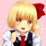  1girl blonde_hair bust hair_ribbon light_particles long_sleeves looking_at_viewer necktie open_mouth pink_background raised_hand red_eyes ribbon rumia short_hair shounen_(hogehoge) tears touhou vest 