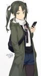  1girl cellphone green_eyes green_hair hair_ribbon kantai_collection long_hair looking_at_viewer pantyhose phone ribbon rokuwata_tomoe shorts simple_background solo standing twintails white_background zuikaku_(kantai_collection) 