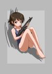  1girl barefoot brown_eyes brown_hair gun original rifle rohitsuka school_swimsuit short_hair sitting swimsuit weapon 