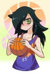  1girl bags_under_eyes ball basketball basketball_uniform black_hair blush bust female flat_chest green_eyes hair_over_one_eye highres kuroki_tomoko long_hair phoenix_suns solo sportswear sweat triple-q watashi_ga_motenai_no_wa_dou_kangaetemo_omaera_ga_warui! 