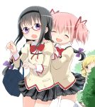  3girls ^_^ akemi_homura bag black_hair black_skirt blonde_hair blush closed_eyes drill_hair glasses hair_ribbon hairband kaname_madoka long_hair m-eine mahou_shoujo_madoka_magica multiple_girls open_mouth pink_hair plaid plaid_skirt red-framed_glasses ribbon school_uniform semi-rimless_glasses short_hair skirt thigh-highs tomoe_mami under-rim_glasses violet_eyes white_legwear yellow_eyes zettai_ryouiki 