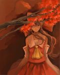  1girl ajino_motoko ascot autumn_leaves bow brown_eyes brown_hair clouds cloudy_sky commentary_request detached_sleeves expressionless hair_bow hair_tubes hakurei_reimu highres long_hair looking_at_viewer orange_sky red_skirt serious skirt sky sleeveless solo touhou tree_branch wind 