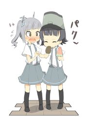  2girls arare_(kantai_collection) black_hair black_legwear blush brown_eyes collared_shirt daiyamaimo eating flying_sweatdrops food fruit grey_hair grey_skirt hair_ornament hair_ribbon hat highres holding ice_cream kantai_collection kasumi_(kantai_collection) kneehighs long_hair multiple_girls open_mouth ribbon short_hair short_sleeves side_ponytail skirt suspenders sweatdrop watermelon 