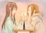  2girls akiyama_mio alcohol coat fukutarou_(enji127) glass grin k-on! light_smile multiple_girls smile sweater tainaka_ritsu wine 