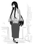  1girl black_hair book glasses himawari-san himawari-san_(character) long_hair long_skirt monochrome sakaki_imasato skirt smile solo sweater 