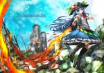  1girl blue_hair blue_sky blurry boots bow broken_ground depth_of_field food fruit hat high_heel_boots high_heels hinanawi_tenshi knee_boots mountain peach puffy_short_sleeves puffy_sleeves red_eyes shirt short_sleeves skirt sky solo sword_of_hisou touhou umigarasu_(kitsune1963) 
