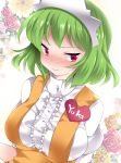  1girl alternate_costume blush breasts commentary_request green_hair hammer_(sunset_beach) headdress kazami_yuuka large_breasts looking_at_viewer name_tag red_eyes short_hair solo touhou waitress 
