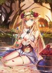  1girl armlet blonde_hair blue_eyes blush breasts cleavage earrings elf flower hair_flower hair_ornament jewelry large_breasts long_hair looking_at_viewer original petals pointy_ears rose sitting smile solo steelleets thigh_strap water 