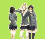  1girl 2boys black_hair blonde_hair closed_eyes crossdressinging durarara!! grin kida_masaomi multiple_boys ryuugamine_mikado school_uniform short_hair skirt smile sonohara_anri v yone_(kaguudou) 