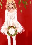 1girl bell blonde_hair bow dress jewelry long_hair necklace original pantyhose red_background sketch solo tan_(tangent) violet_eyes wreath 