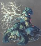  1girl alternate_wings blue_hair bow branch cirno closed_eyes dress hair_bow ice ice_wings inari_(flandoll-scarlet-devil) long_dress ribbon short_hair solo touhou wings 