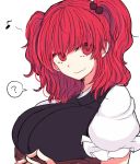  1girl ? bianco_(mapolo) breasts fang hair_bobbles hair_ornament hands_together large_breasts looking_at_viewer musical_note obi onozuka_komachi puffy_sleeves red_eyes redhead sash short_hair short_sleeves simple_background smile solo speech_bubble touhou twintails white_background 