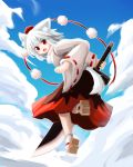  &gt;:o 1girl :o absurdres animal_ears dao geta hat highres inubashiri_momiji red_eyes ribbon-trimmed_sleeves ribbon_trim s_katsuo shirt short_hair skirt sword tail tengu-geta tokin_hat touhou weapon white_hair wide_sleeves wolf_ears wolf_tail 