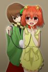  2girls :d \||/ apron bell blush brown_eyes brown_hair collar collarbone dog_collar facing_viewer futatsuiwa_mamizou futatsuiwa_mamizou_(human) hair_bell hair_ornament highres japanese_clothes kimono leaf leaf_on_head leash licking_lips looking_at_another motoori_kosuzu multiple_girls naked_apron nervous_smile open_mouth orange_eyes orange_hair scarf skirt smile tears teoi_(good_chaos) touhou 