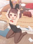  1girl animal_ears arms_up bare_shoulders blush box breasts brown_hair bunny_tail bunnysuit cleavage detached_collar flat_chest highres kotatsu looking_at_viewer open_mouth original pantyhose pink_eyes ponytail rabbit_ears short_hair sitting skindentation solo table tachimi_(basue) tail wariza wrist_cuffs 
