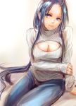  1girl arm_support blue_eyes blue_hair breasts cleavage contemporary denim jeans long_hair looking_at_viewer magi_the_labyrinth_of_magic mak_(kainemaru) mole open-chest_sweater pants ren_hakuei ribbed_sweater smile sweater 