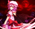  1girl bat_wings bow clouds finger_to_face full_moon hat hat_ribbon light_particles light_smile light_trail looking_at_viewer looking_back mob_cap momiya_(sigeminn) moon night outdoors puffy_short_sleeves puffy_sleeves purple_hair red_eyes red_moon red_sky remilia_scarlet ribbon short_hair short_sleeves shoulder_blades sky touhou wings wrist_cuffs 