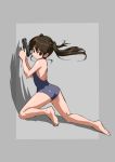  1girl barefoot black_hair brown_eyes gun long_hair original pose rohitsuka school_swimsuit swimsuit twintails weapon 