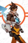  breasts brown_eyes brown_hair gloves goggles highres lena_oxton looking_at_viewer overwatch short_hair simple_background smile spiky_hair splashbrush tracer_(overwatch) union_jack white_background 