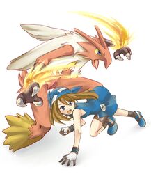  1girl bandana bike_shorts blaziken brown_hair fang holding holding_poke_ball odamaki_sapphire poke_ball pokemon pokemon_(creature) pokemon_special unagi_(kobucha_blaster) 