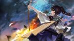  1girl arrow artist_name blurry bow_(weapon) brown_hair depth_of_field explosion flight_deck from_behind kaga_(kantai_collection) kantai_collection outstretched_arm ponytail profile quiver solo swd3e2 weapon yellow_eyes 