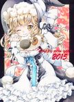  1girl blonde_hair bow funnyfunny happy_new_year hat hat_bow kirisame_marisa new_year one_eye_closed sash solo touhou traditional_media witch_hat yellow_eyes 
