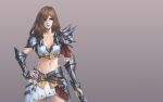  1girl armor blue_eyes breasts brown_hair chaosringen cleavage collarbone cowboy_shot gradient gradient_background grey_background hand_on_hip holding large_breasts light_smile lips looking_at_viewer midriff navel nose original parted_lips pauldrons solo sword vambraces weapon 