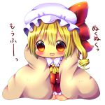  1girl absurdres ascot blanket blonde_hair blush bow chibi chocolat_(momoiro_piano) fang flandre_scarlet hat hat_bow highres mob_cap open_mouth red_eyes side_ponytail sitting smile solo touhou under_blanket 