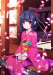  1girl black_hair blush boy30422 cat highres japanese_clothes kimono minazuki_shigure nekopara short_hair smile solo violet_eyes 