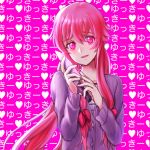  1girl gasai_yuno hair_ribbon heart knife long_hair mirai_nikki nemuri_miyako pink_eyes pink_hair ribbon smile solo symbol_in_eye twintails yandere 