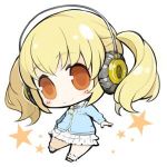  1girl blonde_hair blush breasts chibi headphones huge_breasts looking_at_viewer lowres minoa_(lastswallow) nitroplus plump short_hair smile solo super_pochaco twintails 