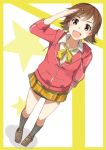  1girl :d brown_eyes brown_hair honda_mio hoodie idolmaster idolmaster_cinderella_girls looking_at_viewer open_mouth sakamoto-cat salute short_hair skirt smile 