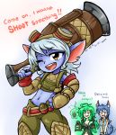  2girls amber_eyes animal_ears artist_name belt blue_hair blue_skin breasts cleavage drooling explosive flat_chest genderswap goggles green_eyes green_hair grenade grin hair_ornament hair_tubes hosen_hocen lantern league_of_legends long_hair midriff multiple_girls navel open_mouth over_shoulder red_eyes revision sickle signature smile tail thresh tristana vilde_loh_hocen warwick weapon weapon_over_shoulder white_hair wink wolf_ears wolf_tail yordle 