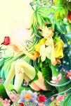  1girl alraune_(p&amp;d) antenna_hair aqeme butterfly dress finger_to_mouth flower green green_dress green_eyes green_hair jewelry leaf lily_of_the_valley long_hair necklace pink_rose puffy_short_sleeves puffy_sleeves puzzle_&amp;_dragons rose shoes short_sleeves sitting smile solo striped striped_dress thigh_strap very_long_hair 