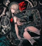  1girl alternate_costume arm_strap ascot ass backless_outfit black_dress blonde_hair bow capelet chain commentary_request darkness dress hair_bow highres looking_at_viewer looking_back organ_derwald rumia skeleton sleeveless sleeveless_dress smile solo touhou upskirt 