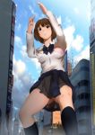  1girl blush bra giantess highres school_uniform short_hair skirt torn_clothes underwear yadokari_genpachirou 