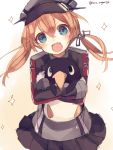  &gt;:d 1girl :d blonde_hair carrying failure_penguin fang gloves haruka_(reborn) hat kantai_collection long_hair open_mouth peaked_cap prinz_eugen_(kantai_collection) sketch smile sparkle twintails twitter_username uniform 