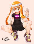  bike_shorts inkling nagrolaz orange_eyes orange_hair shoes sitting splatoon sweatband t-shirt tentacle_hair waving 