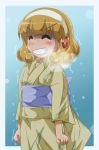  &gt;:d 1girl :d ^_^ bangs blonde_hair blue_background blush breath clenched_hands clenched_teeth closed_eyes cold female hair_ornament hairband japanese_clothes kimono kise_yayoi open_mouth precure short_hair smile smile_precure! snow snowing solo tears yukata 
