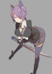  1girl :p black_gloves breasts eyepatch fingerless_gloves gloves headgear large_breasts purple_hair short_hair solo sword tenryuu_(kantai_collection) tongue tongue_out uwanoten weapon yellow_eyes 