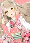  1girl absurdres blush bow brown_hair eyelashes floral_print flower hair_bow hair_flower hair_ornament hair_ribbon hairband hand_on_own_face highres japanese_clothes kimono lips lipstick long_hair long_sleeves looking_at_viewer love_live!_school_idol_project makeup minami_kotori open_mouth pink_background ribbon side_ponytail smile solo sonoda_umi yellow_eyes yukata 