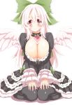  1girl alternate_color alternate_costume angel_wings black_dress black_legwear bow breasts cleavage commentary_request demekyon dress gothic_lolita hair_bow highres large_breasts lolita_fashion long_hair pantyhose pink_eyes reiuji_utsuho silver_hair sitting smile solo third_eye touhou v_arms very_long_hair wariza wide_sleeves wings 