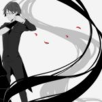  1boy 1girl black_hair celty_sturluson closed_eyes durarara!! formal highres holding_hands kishitani_shinra monochrome petals short_hair solo_focus spot_color suit teario 