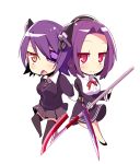  2girls blush breasts eyepatch glaive gloves headgear kantai_collection mechanical_halo multiple_girls necktie open_mouth purple_hair school_uniform short_hair skirt smile sword tatsuta_(kantai_collection) tenryuu_(kantai_collection) thigh-highs violet_eyes weapon yellow_eyes 